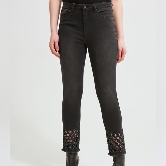 Joseph Ribkoff Cropped Embellished Hem Laser Detail Black Denim Jean - Picture 2 of 13